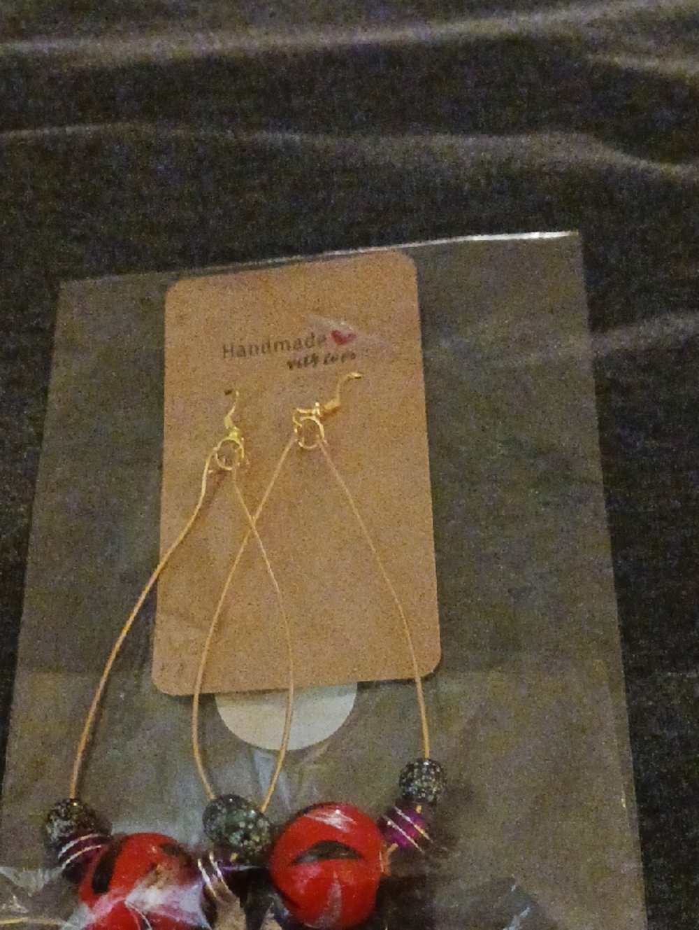 Handmade Gold-Tone Wire Earrings with Red Beads